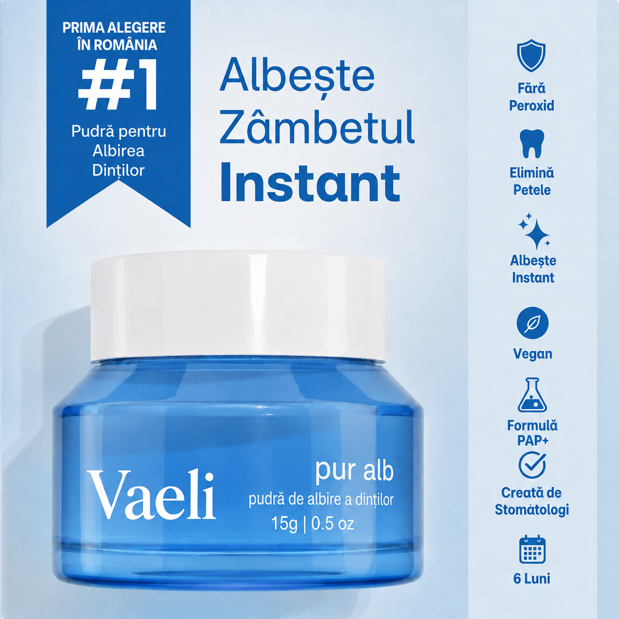 Pudră de Albire a Dinților PAP+ | Vaeli pur alb